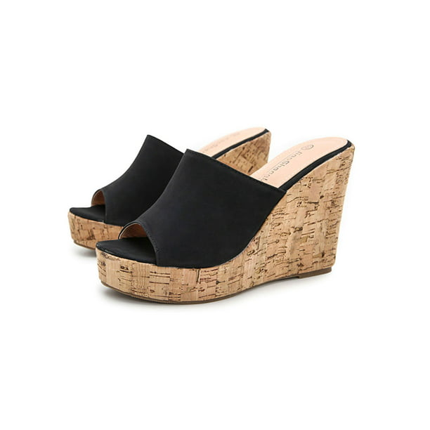 Women's Slip on Platform Wedge Heels Mules Sandal Peep Toe Leather Summer Shoes